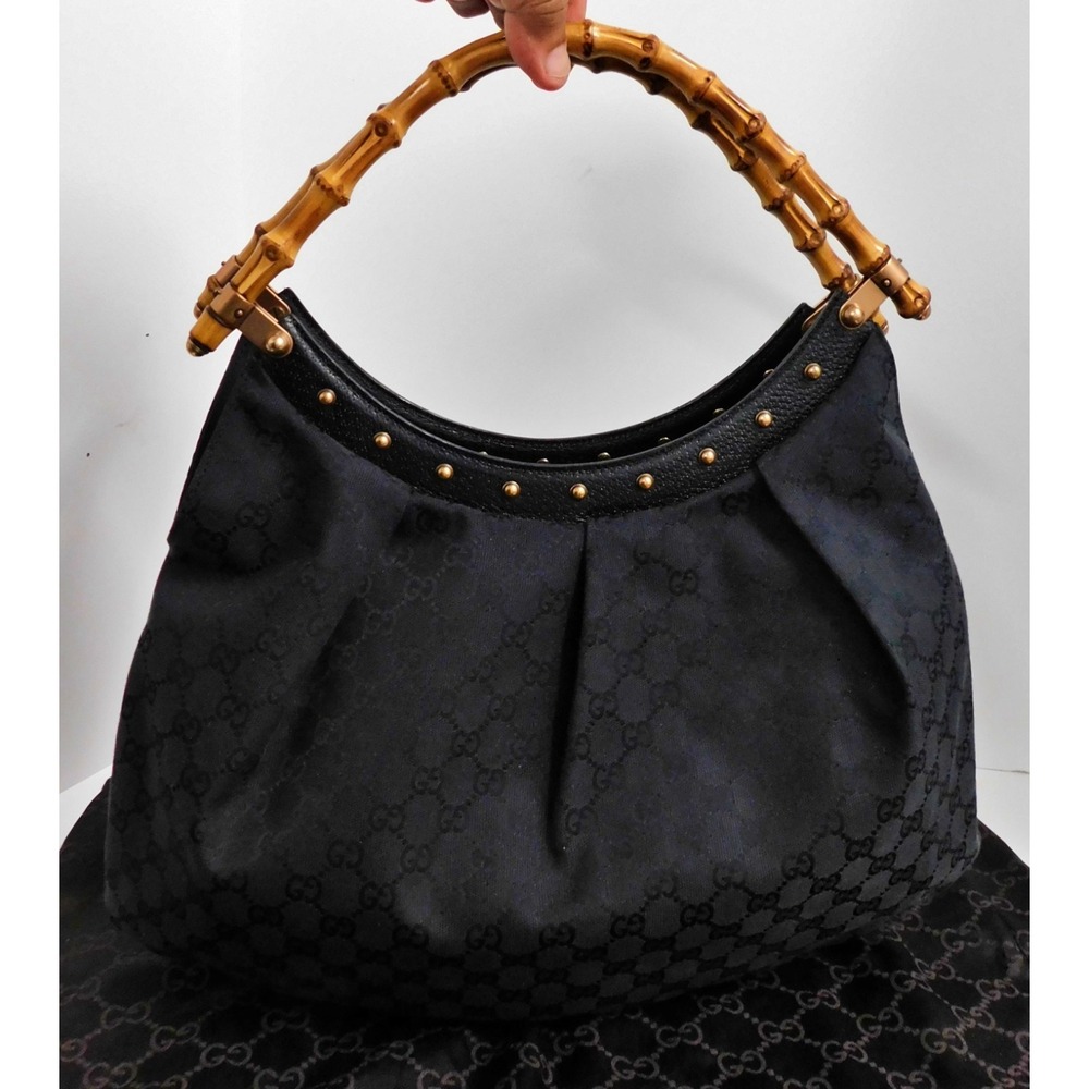 GUCCI Bamboo Black GG Monogram‎ XL Hobo Copper Studs Shoulder Bag